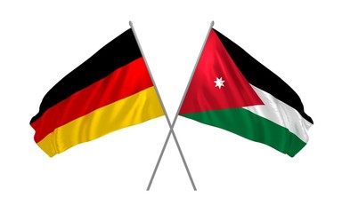 3d illustration of Germany and Jordan flags together waving in the wind 