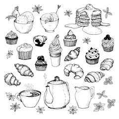 Tea Time set. Hand drawn illustration. It can be used for design menu or greeting cards, packaging