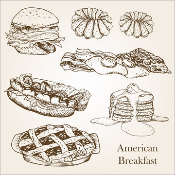 American Breakfast doodle set performed in vintage style. Freehand drawing illustration. It can be used for design menu, poster, packaging or label