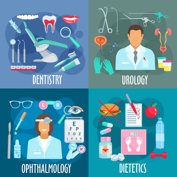 Dentistry, urology, ophthalmology, dietetics icons