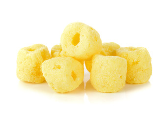 Crunchy corn snacks on a white background