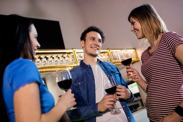 Young friends with wineglass at restaurant