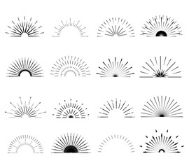Retro Sun burst shapes. Vintage logo, labels, badges. Vector design elements isolated. Minimal black firework burst.