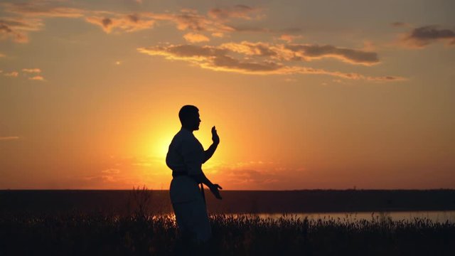 Silhouette of man training karate at sunset.