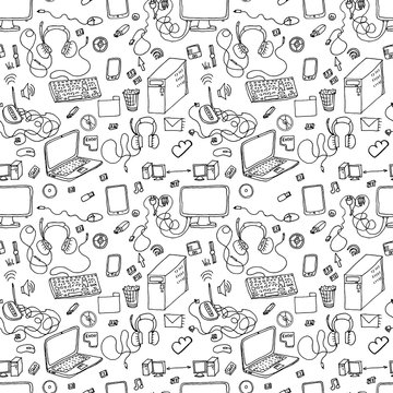 A vector seamless pattern of hand drawn doodles of electronic gadgets. Computer, laptop, monitor
