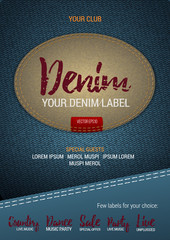 Denim Label flyer or banner with denim background. Vector template with denim label. Caption thread. Print. - 115284457