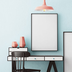 3d illustration interior. Mockup in hipster style workspace. trend color.