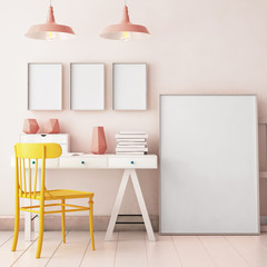 3d illustration interior. Mockup in hipster style workspace. trend color.