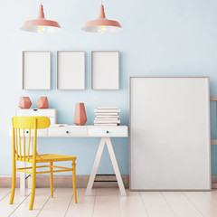 3d illustration interior. Mockup in hipster style workspace. trend color.
