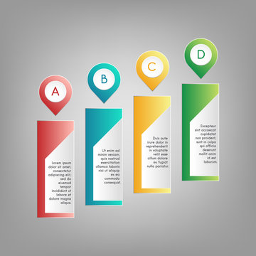 Vector colorful A, B, C, D pointers with information text frames. Red, blue, green, yellow infographics on grey background
