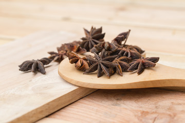 dried mix herbal for food aroma and natural medicine on wood background.