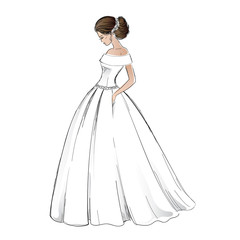 Sketch of young bride model in wedding dress