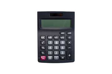 Top view of a black calculator isolated on white background
