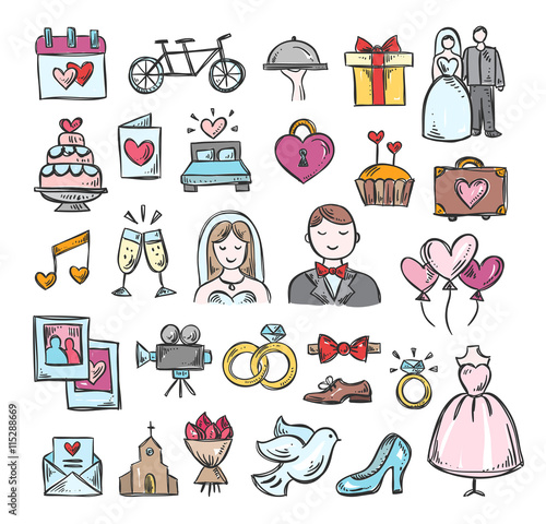 wedding hand sketch icons cute hand drawn wedding symbols and objects