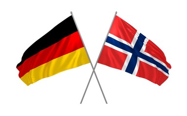 3d illustration of Germany and Norway flags together waving in the wind