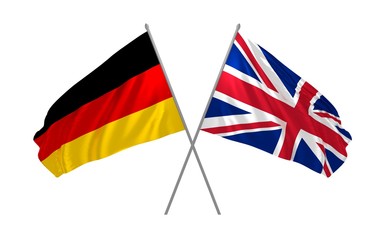 3d illustration of Germany and UK flags together waving in the wind