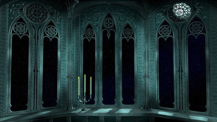 Fantasy balcony with chandelier at night 3D Illustration