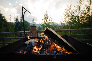 firewood and grill for barbecue. kindling fire