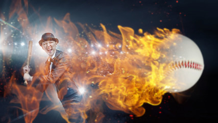 Woman play baseball . Mixed media