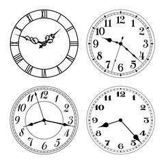 Vector clock faces in black and white. Arabic and roman numerals. Round shape. Easily replace hands and design.