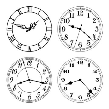 Vector clock faces in black and white. Arabic and roman numerals. Round shape. Easily replace hands and design.