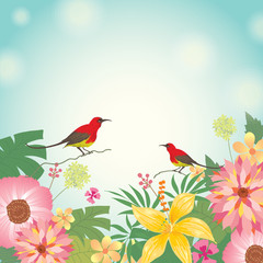 Illustration vector various flowers with couple birds in meadow background.