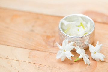 Obraz na płótnie Canvas water in silver bowl with jasmine white flower, Thailand Songkarn