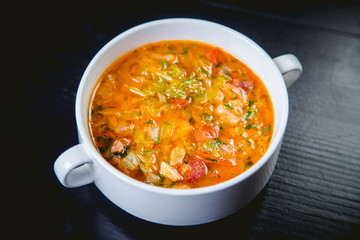 delicious soup in a dish in a restaurant