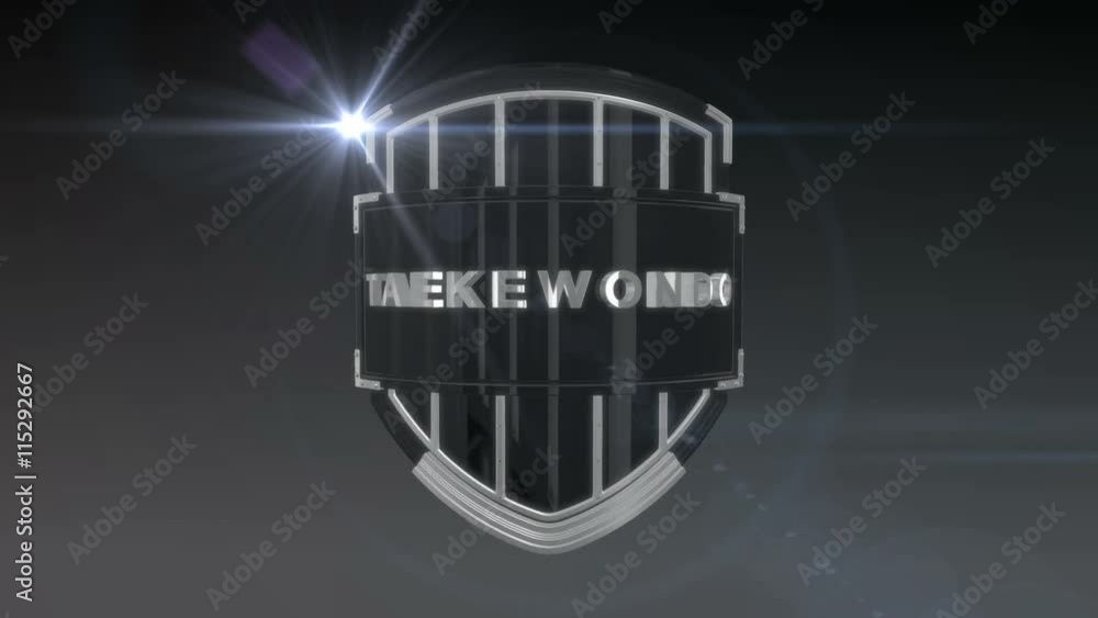Poster seamless looping 3d animation of the word taekewondo on a shield – chrome version; including alpha m
