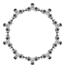 Round black and white frame with skull in hat and roses. Vector clip art.