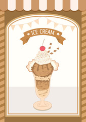 Chocolate sundae Ice cream cup on cafe.