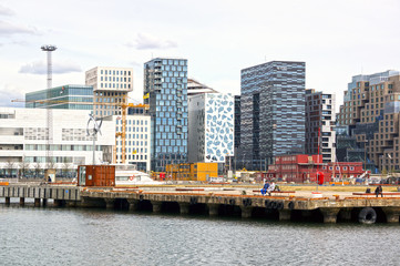 View from the sea to the modern buildings of Oslo. Norway, May 08, 2013