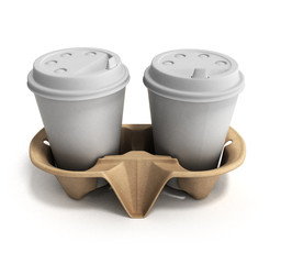 two cups of coffee on a cardboard base 3d render on white