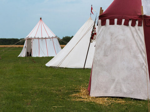 Group of Tents on Meadow set up for Medieval Event Reconstructio