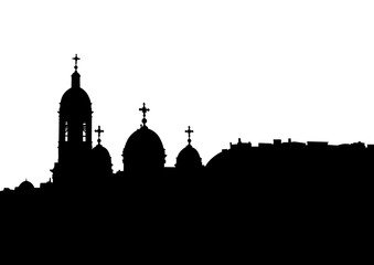 Ancient castle on the banks on a white background