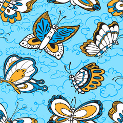  seamless pattern with butterflies and clouds in doodle style
