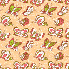 Vector seamless pattern with doodle butterflies characters 
