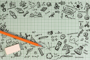 Education sketch design on notebook with copy space. Education concept thinking doodles icons set. School background of education icons set.