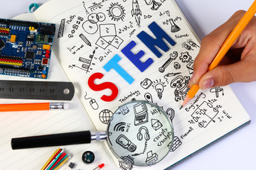 STEM education. Science Technology Engineering Mathematics. STEM concept with drawing background. Magnifying glass over education background.