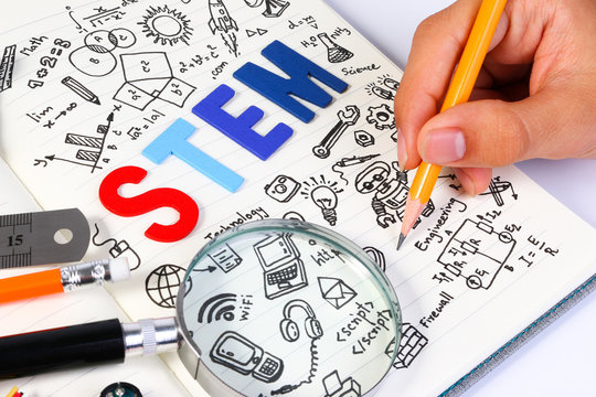 STEM education. Science Technology Engineering Mathematics. STEM concept with drawing background. Magnifying glass over education background.