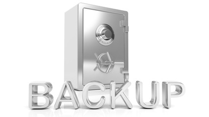 3D rendering of closed Safe with Backup text , isolated on white background.