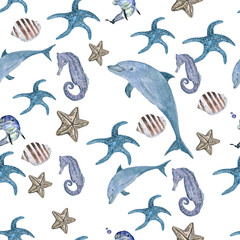 background  sea. Watercolor. seamless pattern texture . sea star, seahorse, shell, Dolphin.

