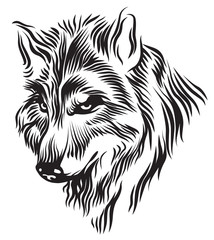 Illustration of black and white wolf head