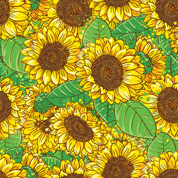 Vector seamless pattern with sunflowers in doodle style