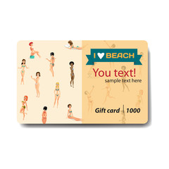 Women dressed in swimsuit. Sale discount gift card. Branding des