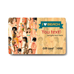 Women dressed in swimsuit. Sale discount gift card. Branding des
