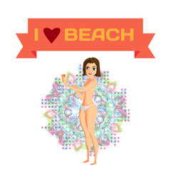 Woman dressed in white swimsuit is standing sunbathe and anoint