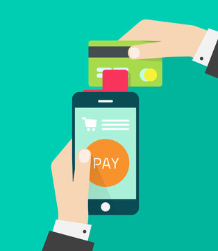 Mobile payment processing vector illustration, flat hand with mobile phone processing credit card payment