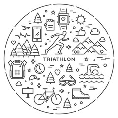 Line round concept for triathlon. Vector linear prints on T-shirts for triathlon. Open path.