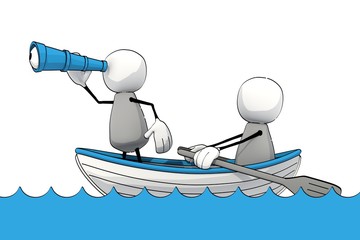 little sketchy men in a rowboat with telescope